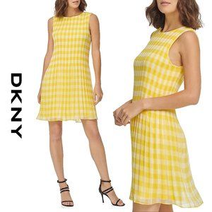 🎈HOST PICK🎈🆕 DKNY Gingham Pleated white yellow Mini Dress, Size 4